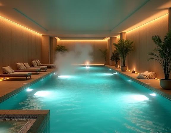 La piscina idromassaggio della spa con luci soffuse.